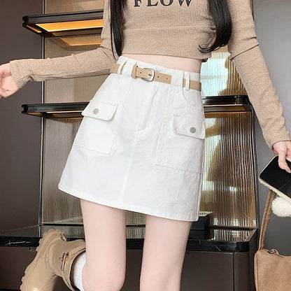 High Rise Plain Mini A-Line Cargo Skirt