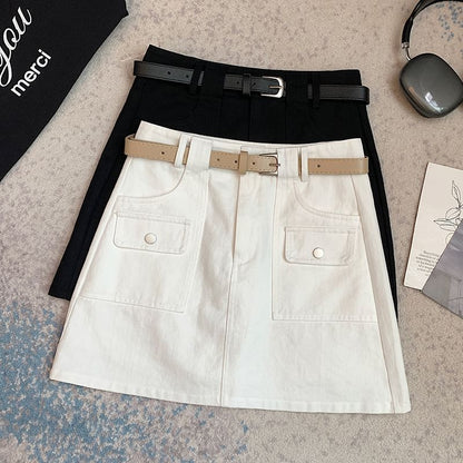 High Rise Plain Mini A-Line Cargo Skirt