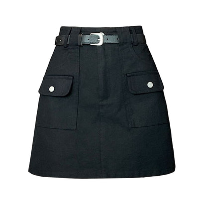 High Rise Plain Mini A-Line Cargo Skirt