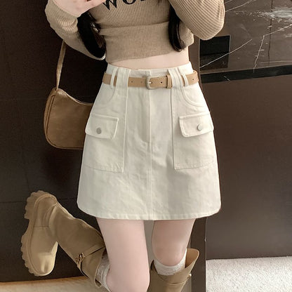High Rise Plain Mini A-Line Cargo Skirt