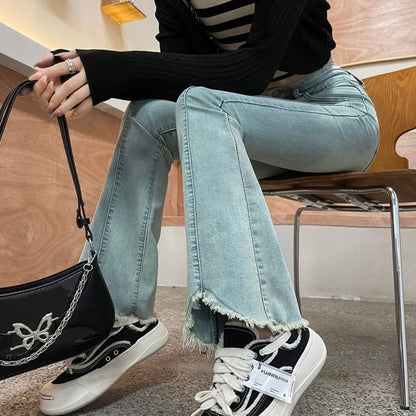 High Waist Fringed Washed Bootcut Jeans (Various Designs)