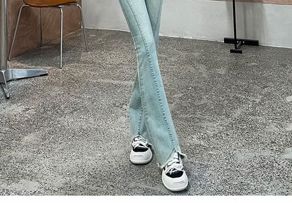 High Waist Fringed Washed Bootcut Jeans (Various Designs)