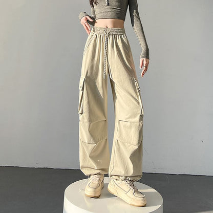Drawstring Waist Plain Baggy Cargo Pants