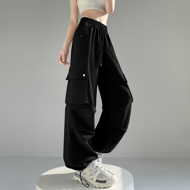 Drawstring Waist Plain Baggy Cargo Pants