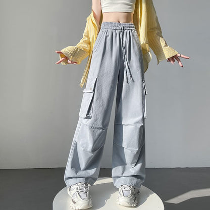 Drawstring Waist Plain Baggy Cargo Pants