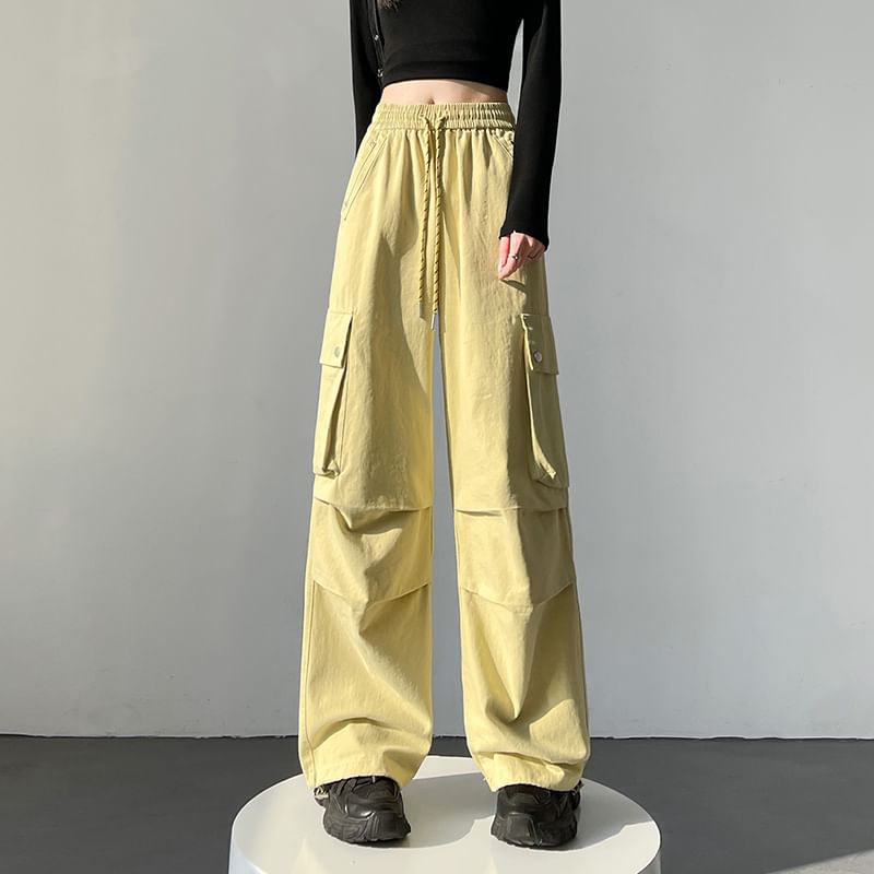 Drawstring Waist Plain Baggy Cargo Pants