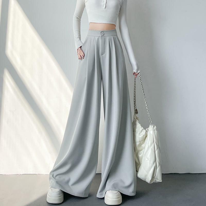 High Rise Plain Wide Leg Slacks (Various Designs)