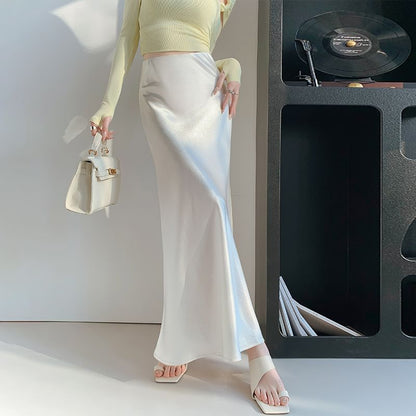 High Waist Plain Satin Midi A-Line Skirt