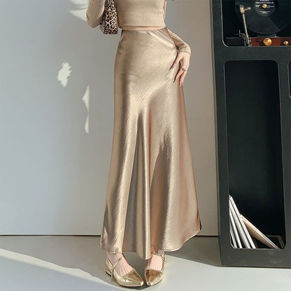 High Waist Plain Satin Midi A-Line Skirt