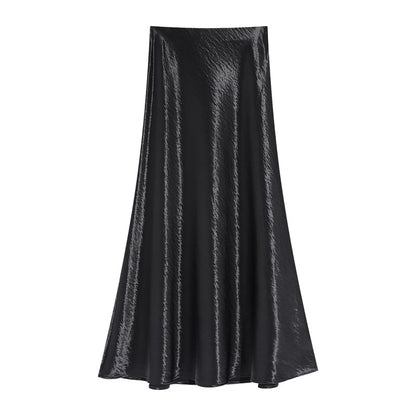 High Waist Plain Satin Midi A-Line Skirt