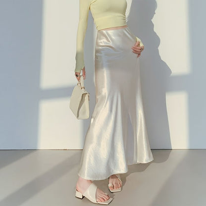High Waist Plain Satin Midi A-Line Skirt