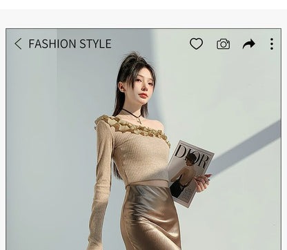 High Waist Plain Satin Midi A-Line Skirt