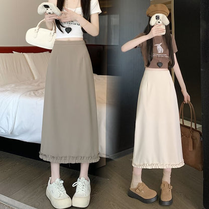High Rise Plain Slit Ruffle Trim Midi A-Line Skirt