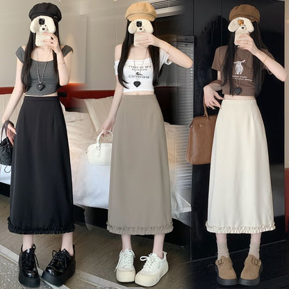 High Rise Plain Slit Ruffle Trim Midi A-Line Skirt