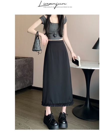 High Rise Plain Slit Ruffle Trim Midi A-Line Skirt