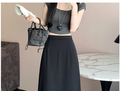 High Rise Plain Slit Ruffle Trim Midi A-Line Skirt