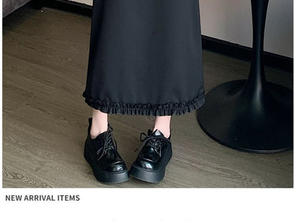 High Rise Plain Slit Ruffle Trim Midi A-Line Skirt