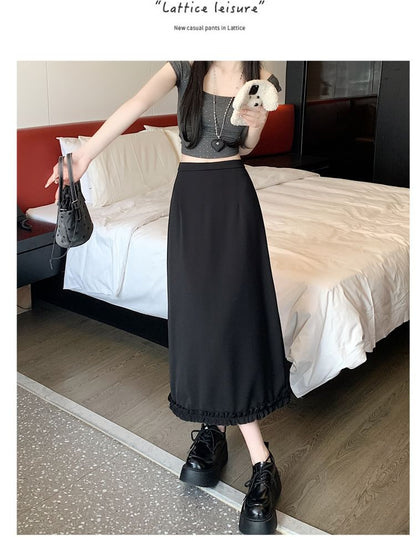 High Rise Plain Slit Ruffle Trim Midi A-Line Skirt