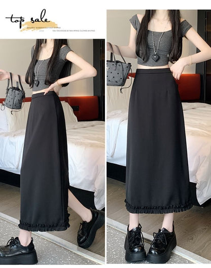 High Rise Plain Slit Ruffle Trim Midi A-Line Skirt