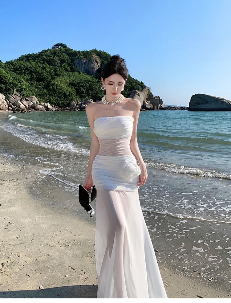 Off-Shoulder Net Full-Length Flared Dress