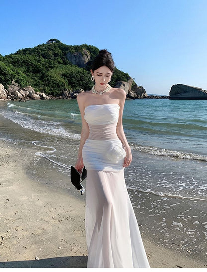 Off-Shoulder Net Full-Length Flared Dress