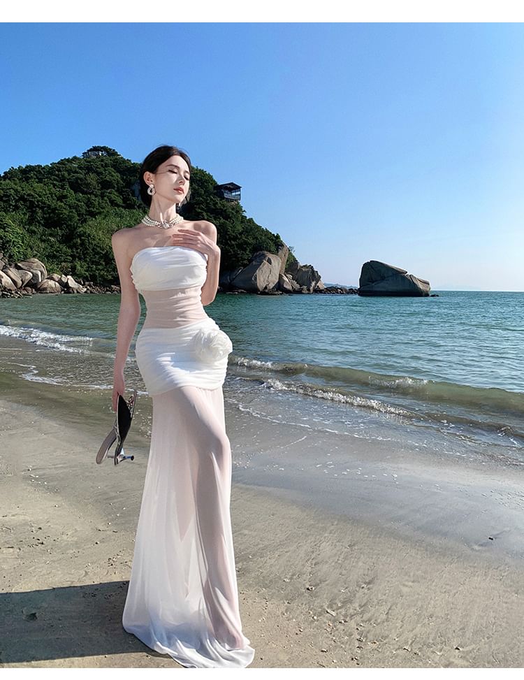 Off-Shoulder Net Full-Length Flared Dress