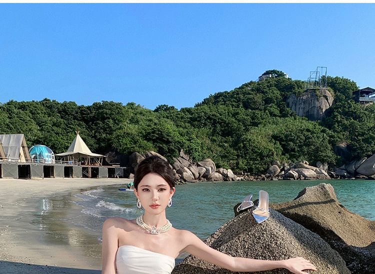 Off-Shoulder Net Full-Length Flared Dress
