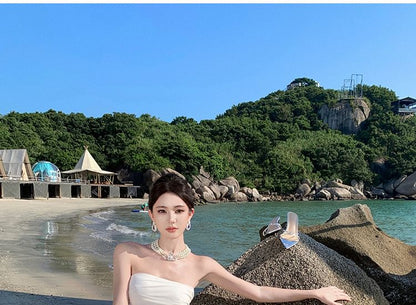Off-Shoulder Net Full-Length Flared Dress