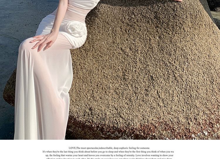 Off-Shoulder Net Full-Length Flared Dress