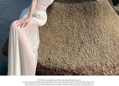 Off-Shoulder Net Full-Length Flared Dress