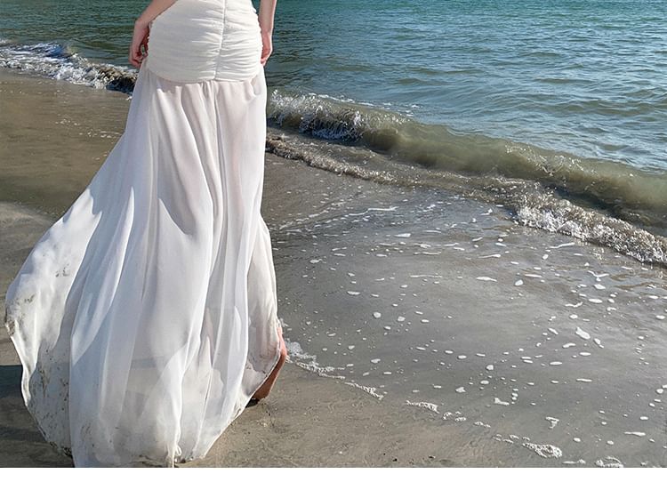 Off-Shoulder Net Full-Length Flared Dress