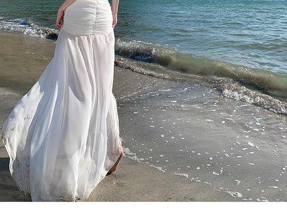 Off-Shoulder Net Full-Length Flared Dress