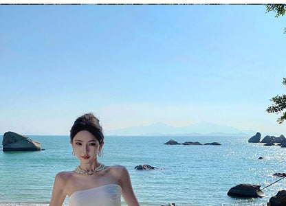 Off-Shoulder Net Full-Length Flared Dress