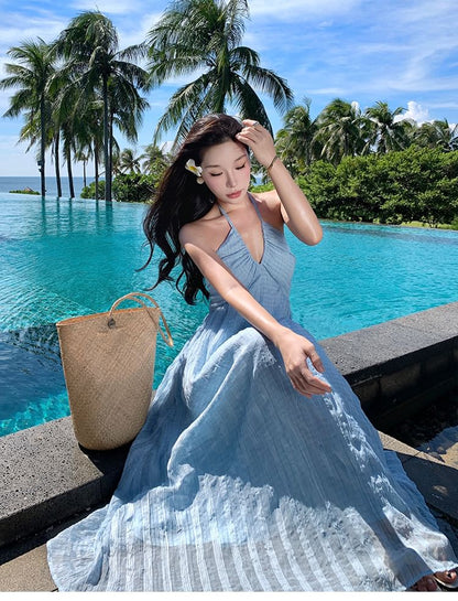 Halter Neckline Striped Floor-Length A-Line Gown