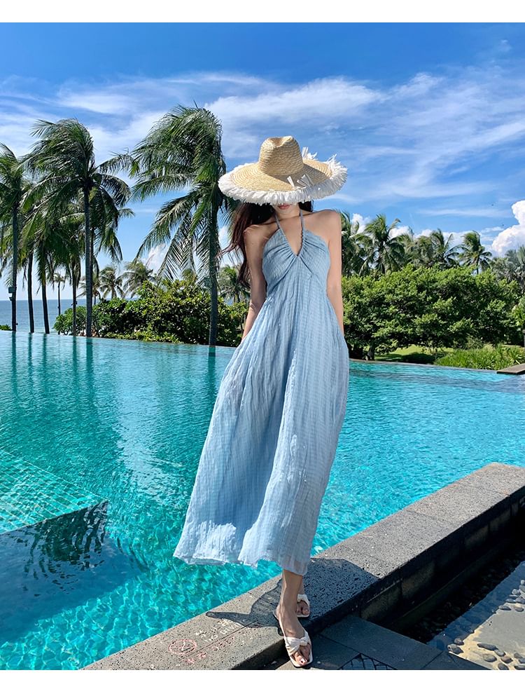 Halter Neckline Striped Floor-Length A-Line Gown