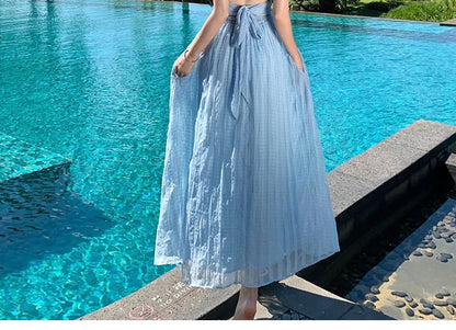 Halter Neckline Striped Floor-Length A-Line Gown