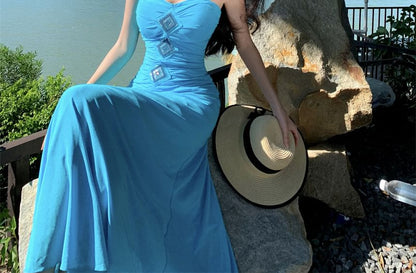 Strapless Solid Floor-Length Flared Dress