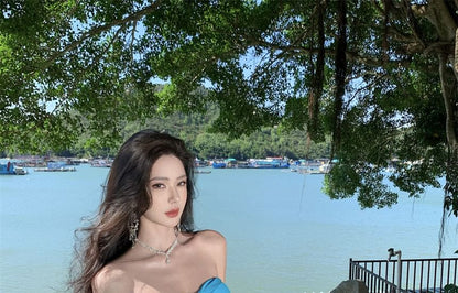 Strapless Solid Floor-Length Flared Dress