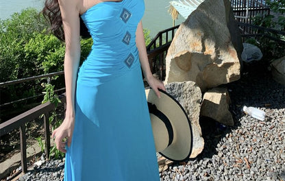 Strapless Solid Floor-Length Flared Dress