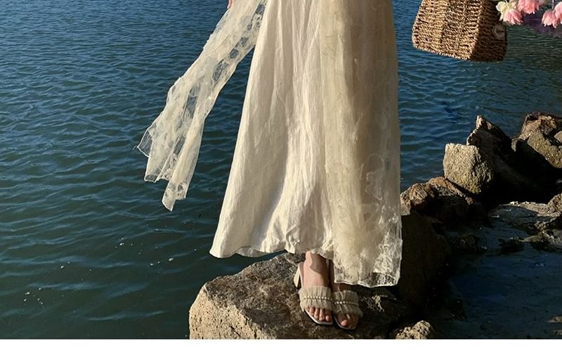 Three-Quarter Sleeve Cutout V-Neck Flared Maxi Gown