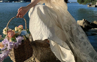Three-Quarter Sleeve Cutout V-Neck Flared Maxi Gown