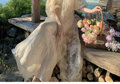 Three-Quarter Sleeve Cutout V-Neck Flared Maxi Gown