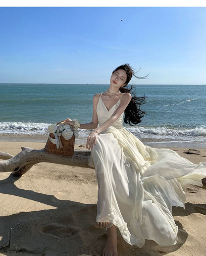 Thin Strap V-Neck Solid Flowing Maxi Dress