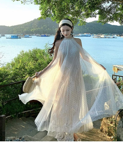 Sleeveless Mesh Full-Length A-Line Gown