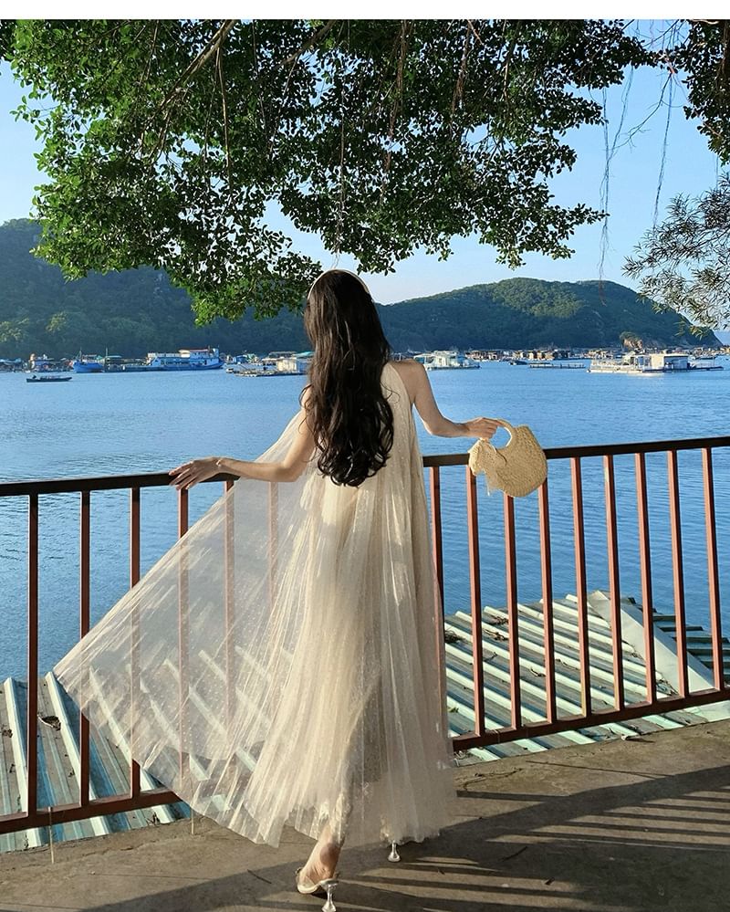 Sleeveless Mesh Full-Length A-Line Gown