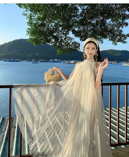 Sleeveless Mesh Full-Length A-Line Gown