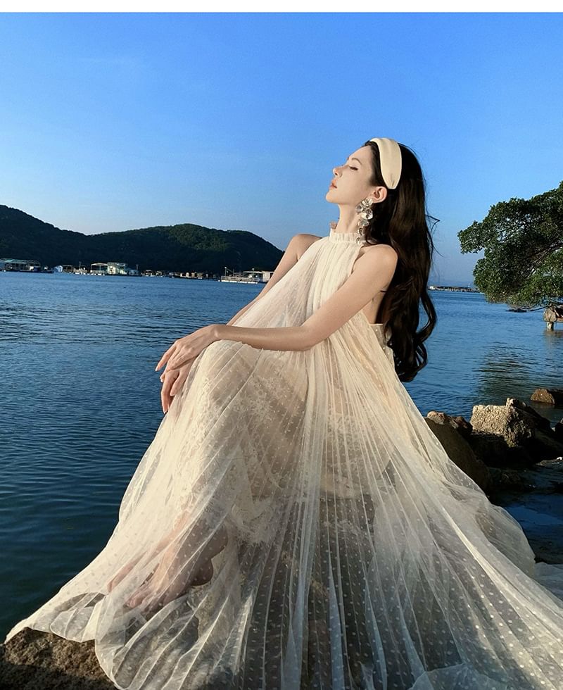 Sleeveless Mesh Full-Length A-Line Gown