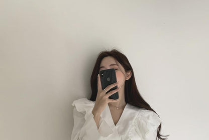 Long-Sleeve V-Neck Collared Plain Mini A-Line Dress