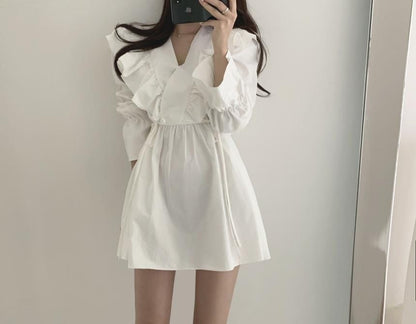 Long-Sleeve V-Neck Collared Plain Mini A-Line Dress