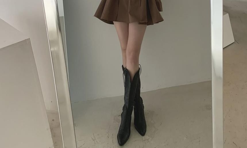 Long-Sleeve V-Neck Collared Plain Mini A-Line Dress